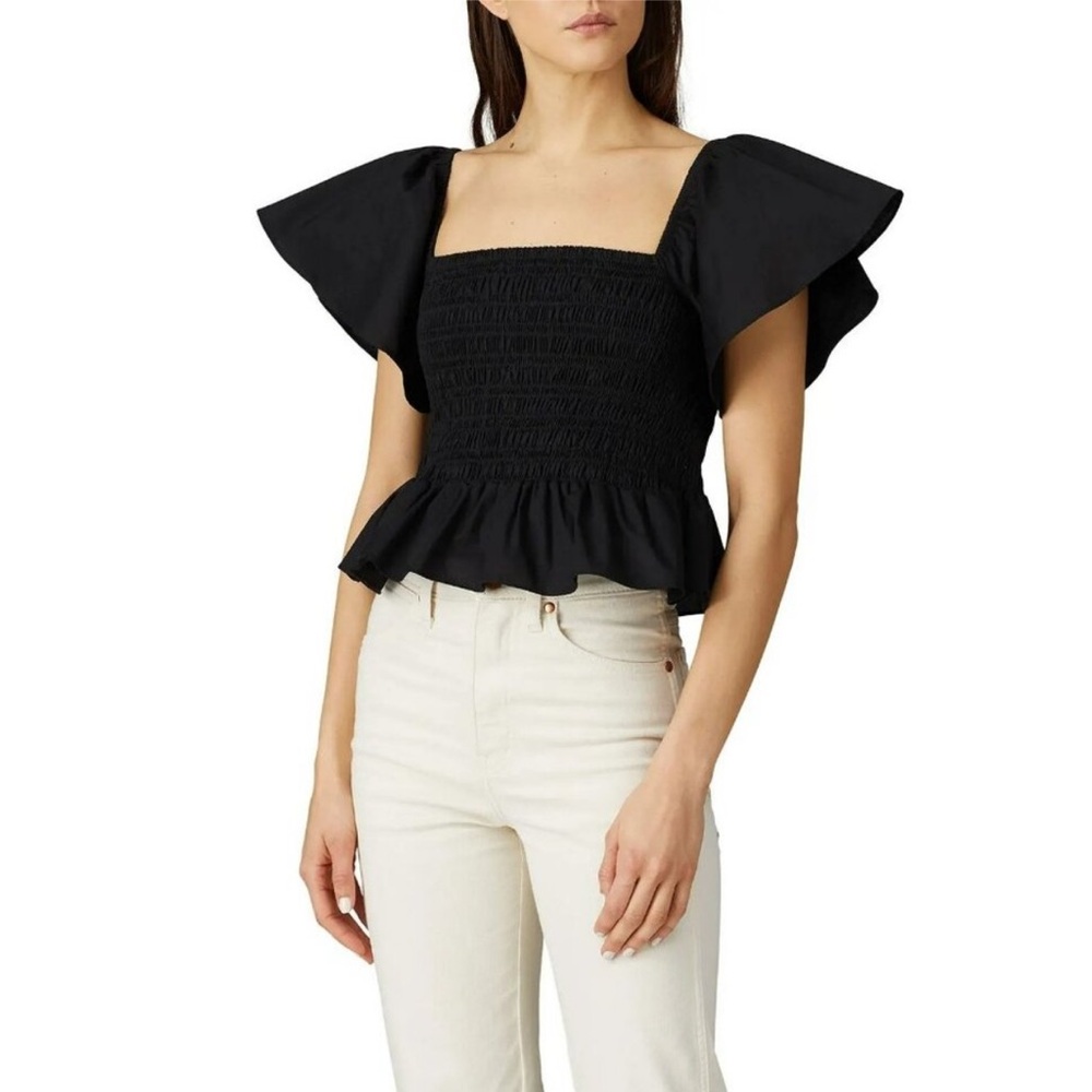 Black Women's Smocked Top with Ruffled Hem